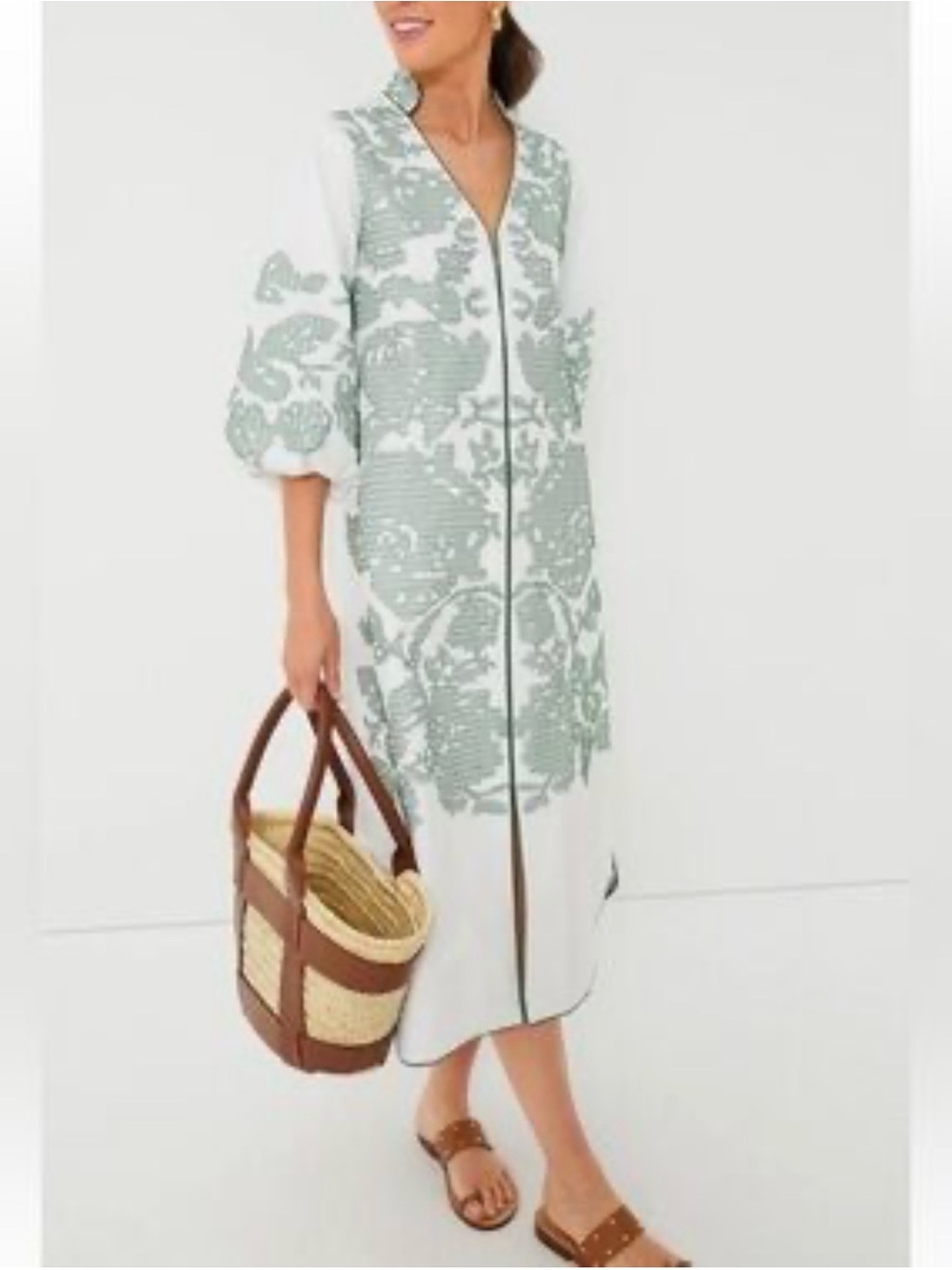 Tuckernuck- Hyacinth House White & Green Embroidered Arem Caftan - Picture 2 of 4